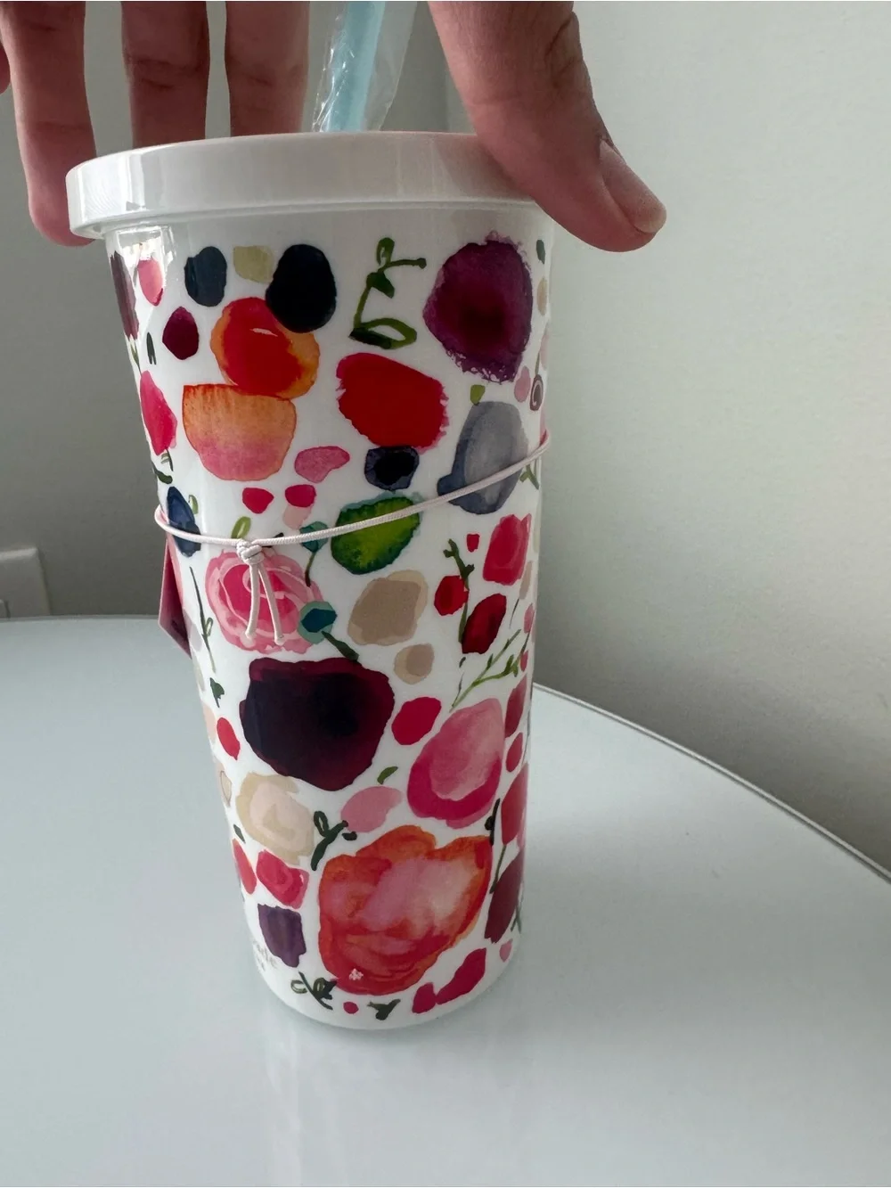 Kate Spade White & Pink Floral Insulated Tumbler Cup With Straw